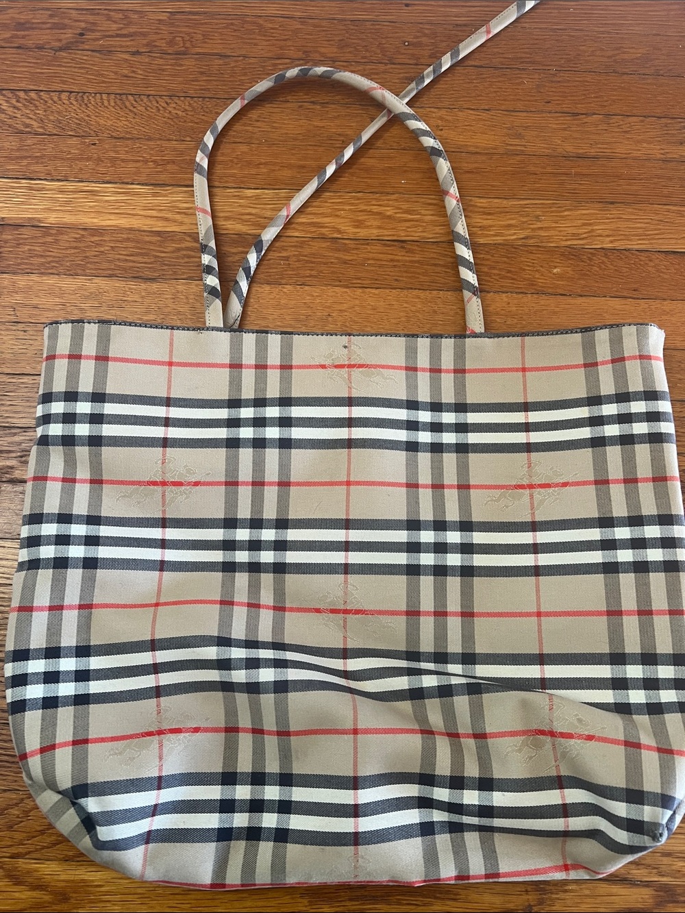 Burberry Beige Plaid Tote with Black and Red Accents